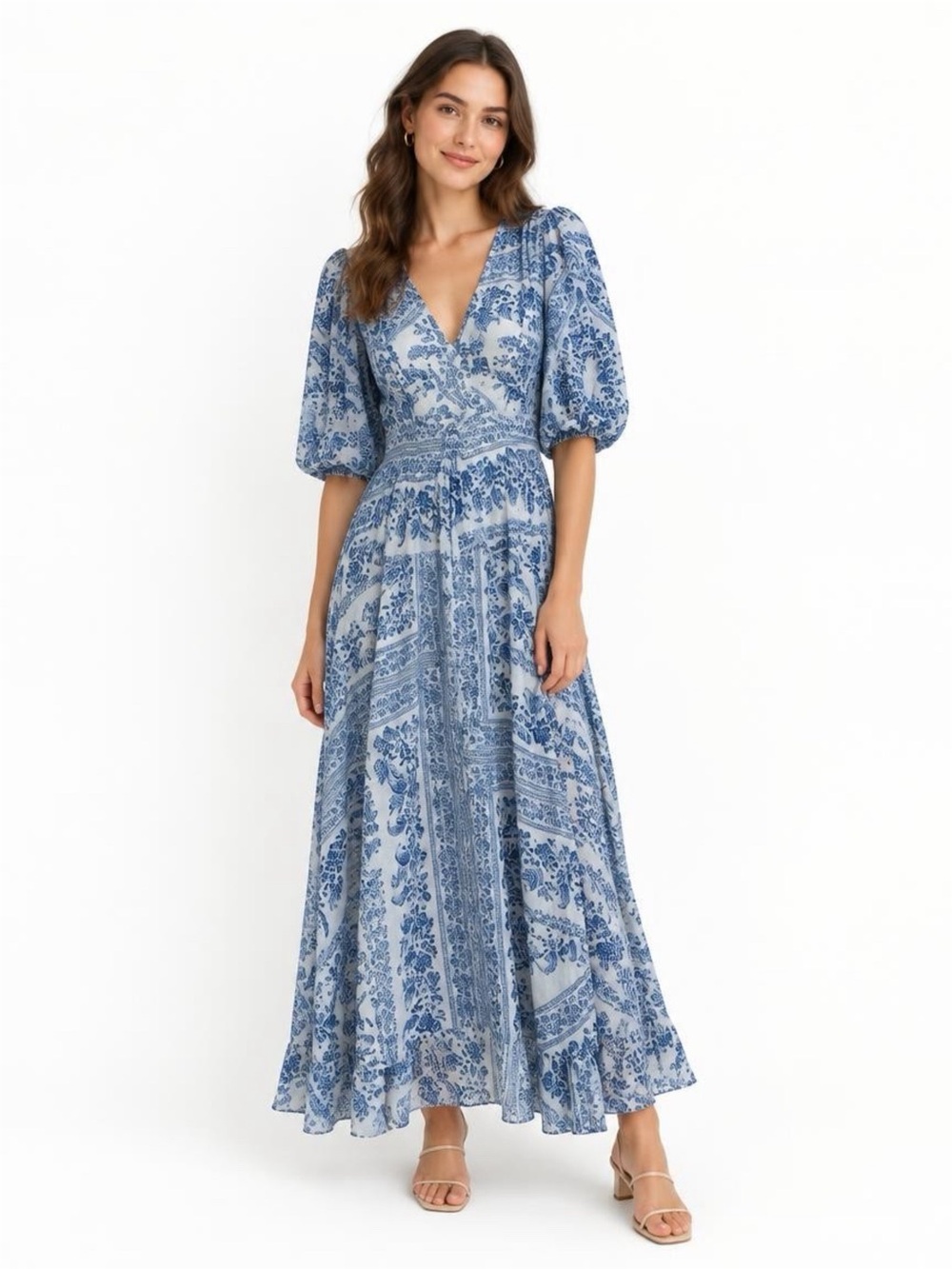 Calvin Klein Light Blue Printed Wrap Midi Dress
